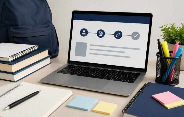 Organized study desk with a laptop showing an application progress screen, surrounded by notebooks, stationery, and a backpack.