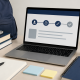 Organized study desk with a laptop showing an application progress screen, surrounded by notebooks, stationery, and a backpack.