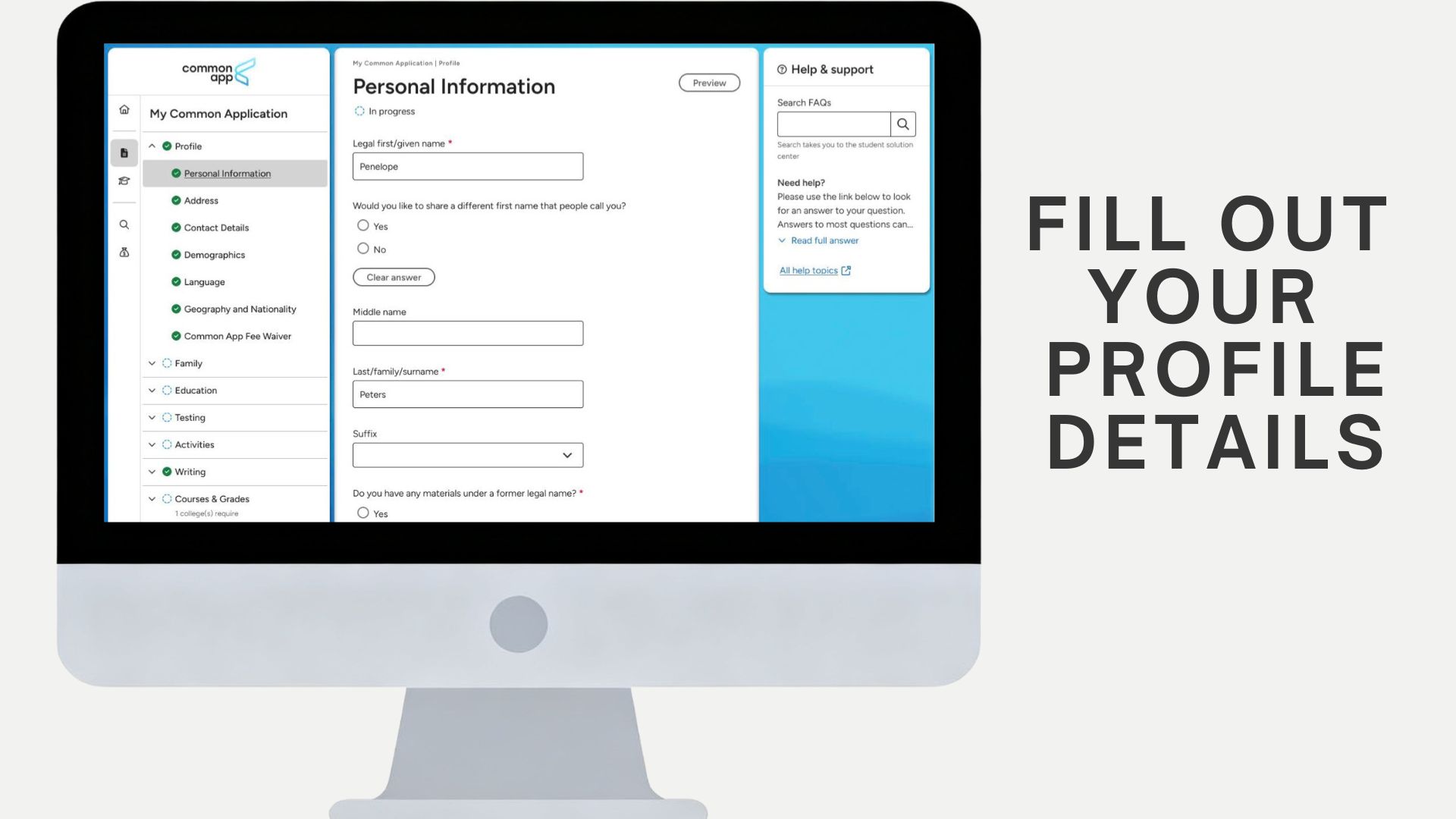 A graphic showing The Common App’s Personal Information Page for students’ profile