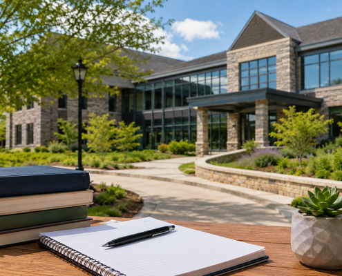 Modern school campus courtyard with a stone-and-glass building, landscaped greenery, and a wooden table holding books, an open notebook, and a small potted plant in the foreground.
