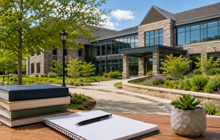 Modern school campus courtyard with a stone-and-glass building, landscaped greenery, and a wooden table holding books, an open notebook, and a small potted plant in the foreground.