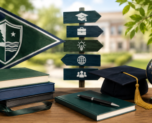 Graduation cap, books, globe, and school crest on a desk with a campus background, symbolizing academic achievement and alumni success.