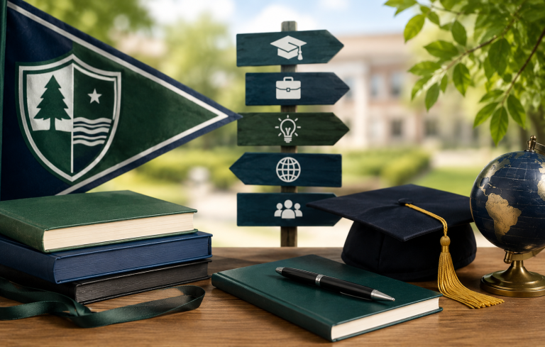 Graduation cap, books, globe, and school crest on a desk with a campus background, symbolizing academic achievement and alumni success.
