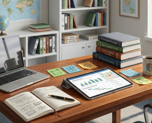 An organized office desk features a laptop, a tablet with a dashboard displaying graphs and maps, a stack of academic books, a notebook with diagrams, and various sticky notes. In the background are full bookshelves, a globe, and maps.