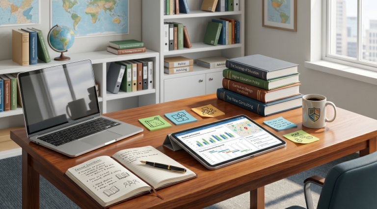 An organized office desk features a laptop, a tablet with a dashboard displaying graphs and maps, a stack of academic books, a notebook with diagrams, and various sticky notes. In the background are full bookshelves, a globe, and maps.