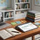 An organized office desk features a laptop, a tablet with a dashboard displaying graphs and maps, a stack of academic books, a notebook with diagrams, and various sticky notes. In the background are full bookshelves, a globe, and maps.