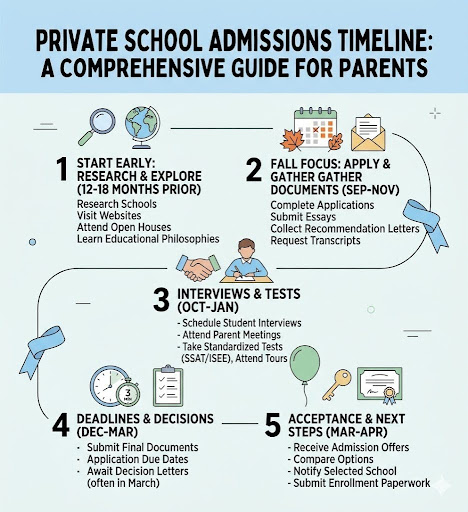 A comprehensive infographic timeline of the private school admissions process