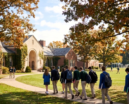 Students with backpacks walk along a pathway on a scenic, tree-lined prep school campus during autumn.