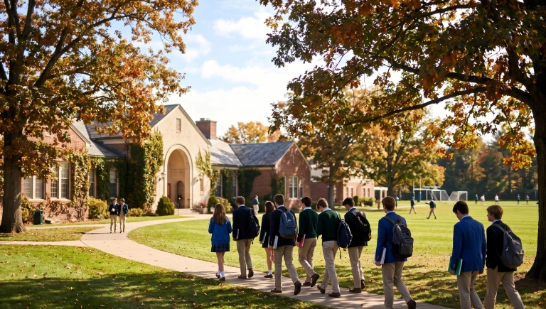 Students with backpacks walk along a pathway on a scenic, tree-lined prep school campus during autumn.