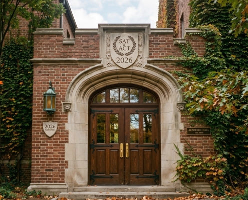 An ivy-covered brick college building with large wooden double doors, featuring an architectural stone crest above the entrance.