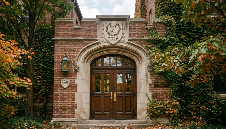 An ivy-covered brick college building with large wooden double doors, featuring an architectural stone crest above the entrance.