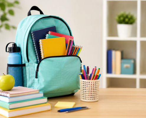 Back-to-school setup with backpack, notebooks, and colorful supplies on a desk.