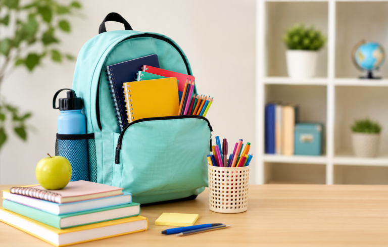 Back-to-school setup with backpack, notebooks, and colorful supplies on a desk.