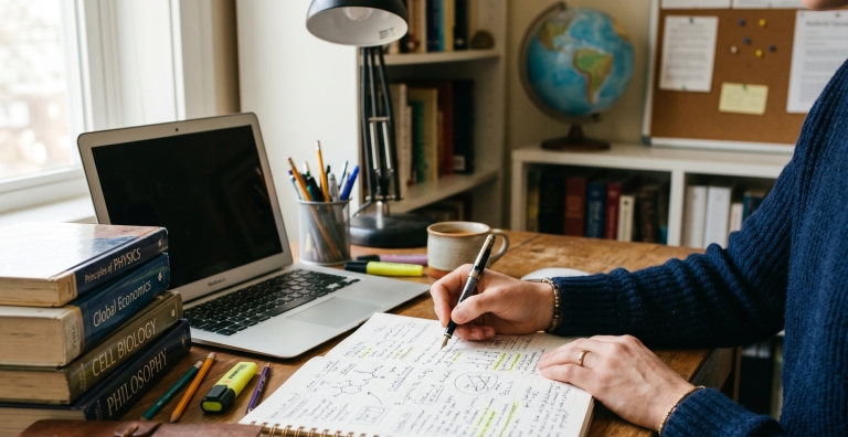An individual writes in a notebook at a wooden desk surrounded by a laptop, a globe, and a stack of textbooks including physics, economics, and philosophy.