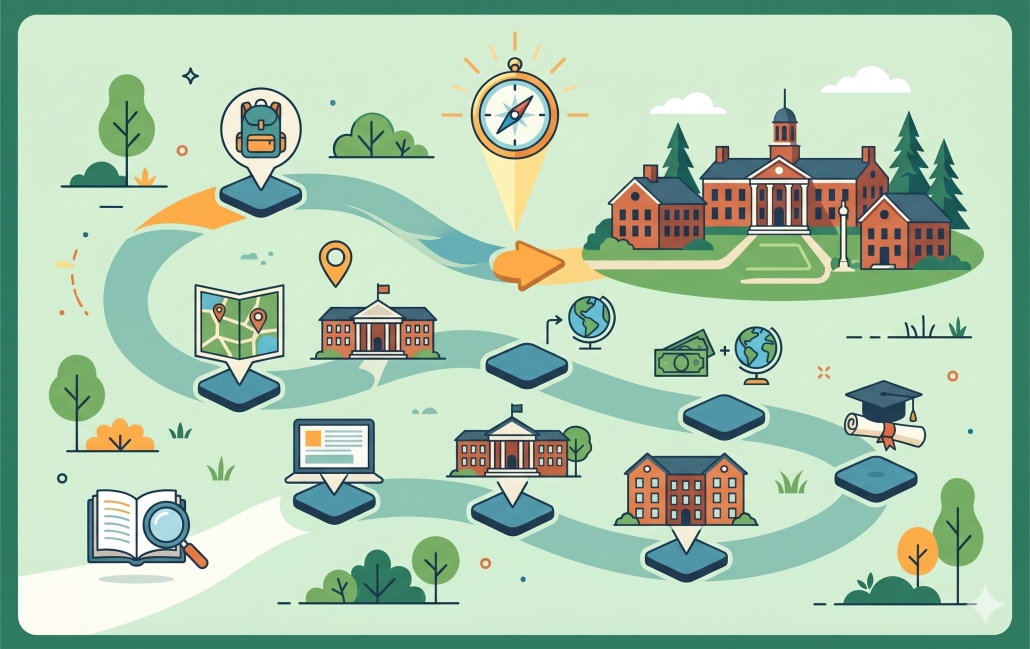 A vector-style roadmap illustration depicting a step-by-step journey toward a classic brick boarding school building, featuring icons for research, navigation, and academic milestones with no text or people.