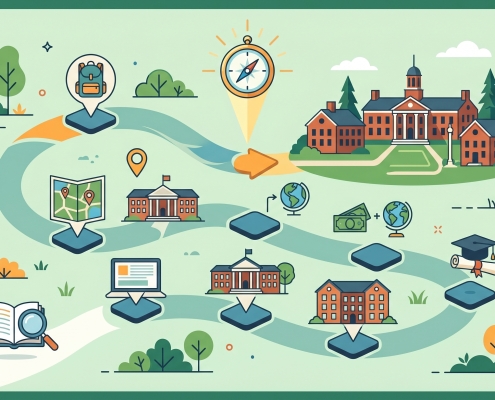 A vector-style roadmap illustration depicting a step-by-step journey toward a classic brick boarding school building, featuring icons for research, navigation, and academic milestones with no text or people.