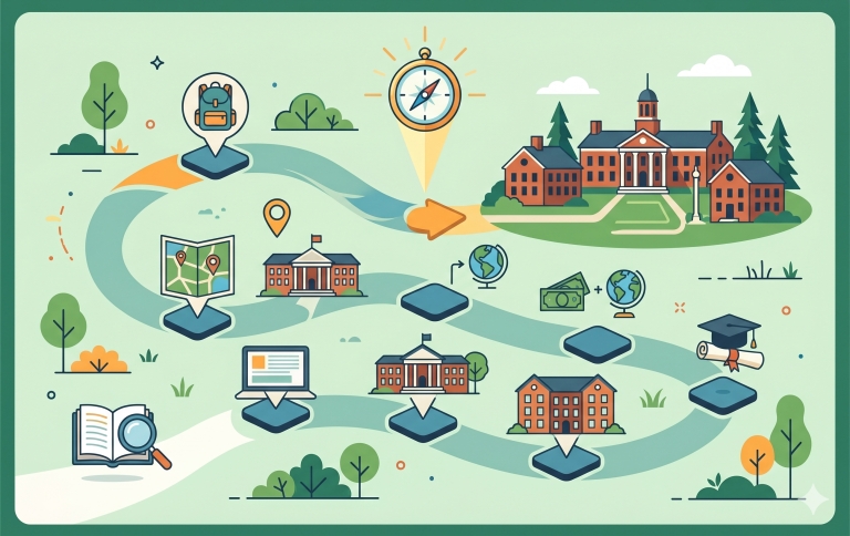 A vector-style roadmap illustration depicting a step-by-step journey toward a classic brick boarding school building, featuring icons for research, navigation, and academic milestones with no text or people.