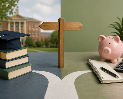 Split scene showing a choice between academics (books and graduation cap) and finances (piggy bank and calculator) at a crossroads.