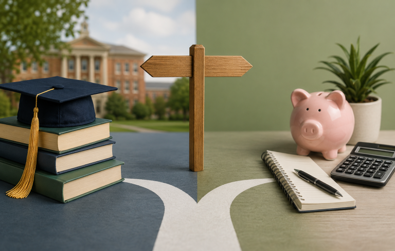 Split scene showing a choice between academics (books and graduation cap) and finances (piggy bank and calculator) at a crossroads.