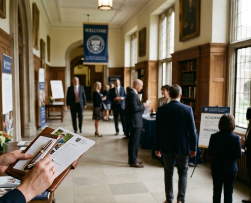 An elegant, wood-paneled hallway of an elite private school filled with parents during an open house event. In the foreground, a person holds a leather portfolio and a fountain pen, taking notes on an admissions brochure. The background shows attendees walking through the hall, framed by large leaded-glass windows and oil portraits. All faces are obscured or turned away, and any text is illegible.