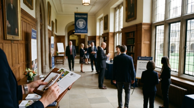 An elegant, wood-paneled hallway of an elite private school filled with parents during an open house event. In the foreground, a person holds a leather portfolio and a fountain pen, taking notes on an admissions brochure. The background shows attendees walking through the hall, framed by large leaded-glass windows and oil portraits. All faces are obscured or turned away, and any text is illegible.