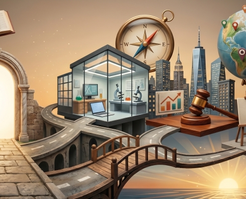 A surreal, realistic collage mapping diverse career paths, featuring an open book, a compass, a modern lab, a gavel, art and film equipment, and a globe with pins, all connected by winding stone bridges leading from a stone archway toward a cityscape and sunrise.