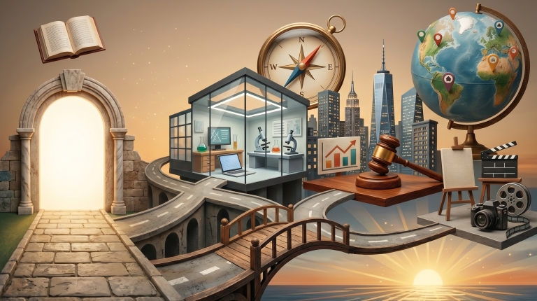 A surreal, realistic collage mapping diverse career paths, featuring an open book, a compass, a modern lab, a gavel, art and film equipment, and a globe with pins, all connected by winding stone bridges leading from a stone archway toward a cityscape and sunrise.