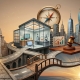 A surreal, realistic collage mapping diverse career paths, featuring an open book, a compass, a modern lab, a gavel, art and film equipment, and a globe with pins, all connected by winding stone bridges leading from a stone archway toward a cityscape and sunrise.