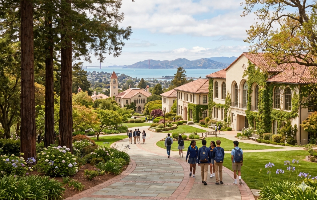 An elevated view of a scenic Bay Area private school campus with ivy-covered buildings, redwood trees, and students walking on paths, overlooking a distant view of the Golden Gate Bridge and the bay.