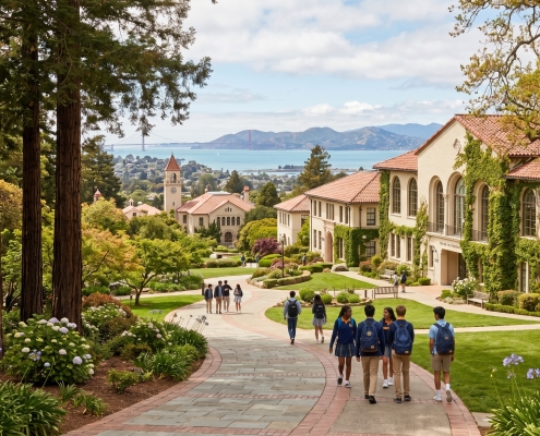 An elevated view of a scenic Bay Area private school campus with ivy-covered buildings, redwood trees, and students walking on paths, overlooking a distant view of the Golden Gate Bridge and the bay.
