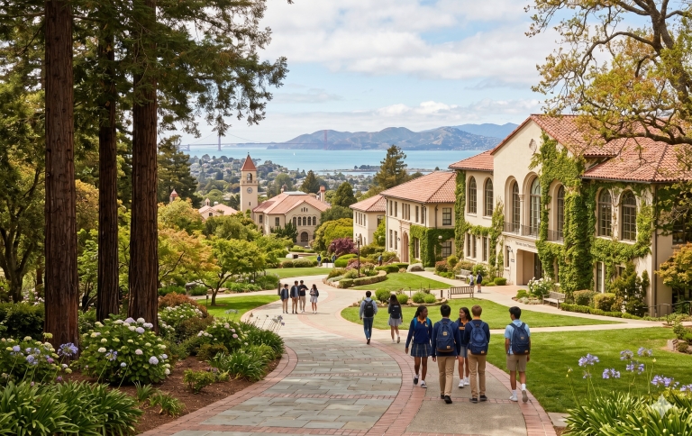 An elevated view of a scenic Bay Area private school campus with ivy-covered buildings, redwood trees, and students walking on paths, overlooking a distant view of the Golden Gate Bridge and the bay.