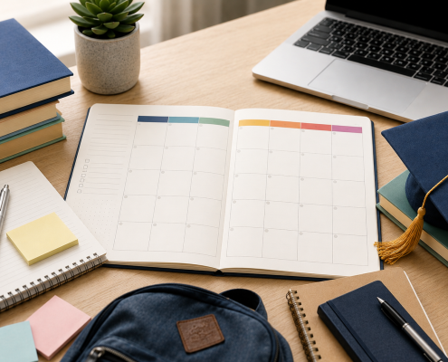 Top-down view of a tidy desk with an open monthly planner, laptop, notebooks, and study supplies in soft natural light.