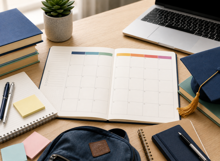 Top-down view of a tidy desk with an open monthly planner, laptop, notebooks, and study supplies in soft natural light.