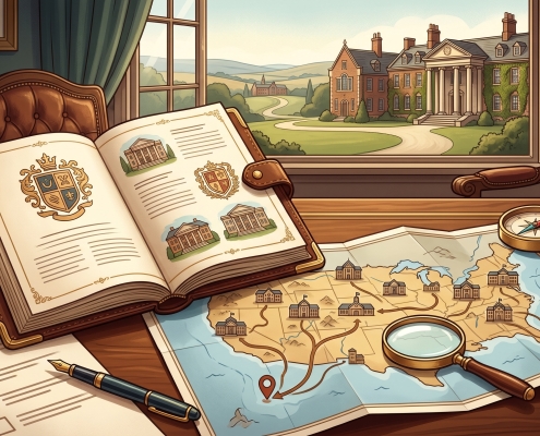 An old-fashioned study with an ornate book of crests, a US map with dotted paths and school buildings, and a magnifying glass, with a school campus visible outside a large window.