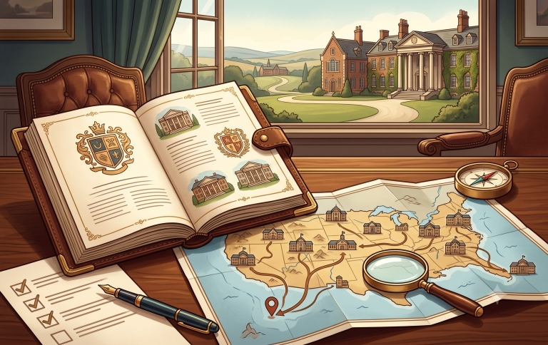 An old-fashioned study with an ornate book of crests, a US map with dotted paths and school buildings, and a magnifying glass, with a school campus visible outside a large window.