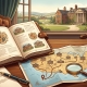 An old-fashioned study with an ornate book of crests, a US map with dotted paths and school buildings, and a magnifying glass, with a school campus visible outside a large window.