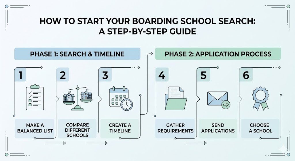 An infographic step-by-step guide that shows the boarding school search process