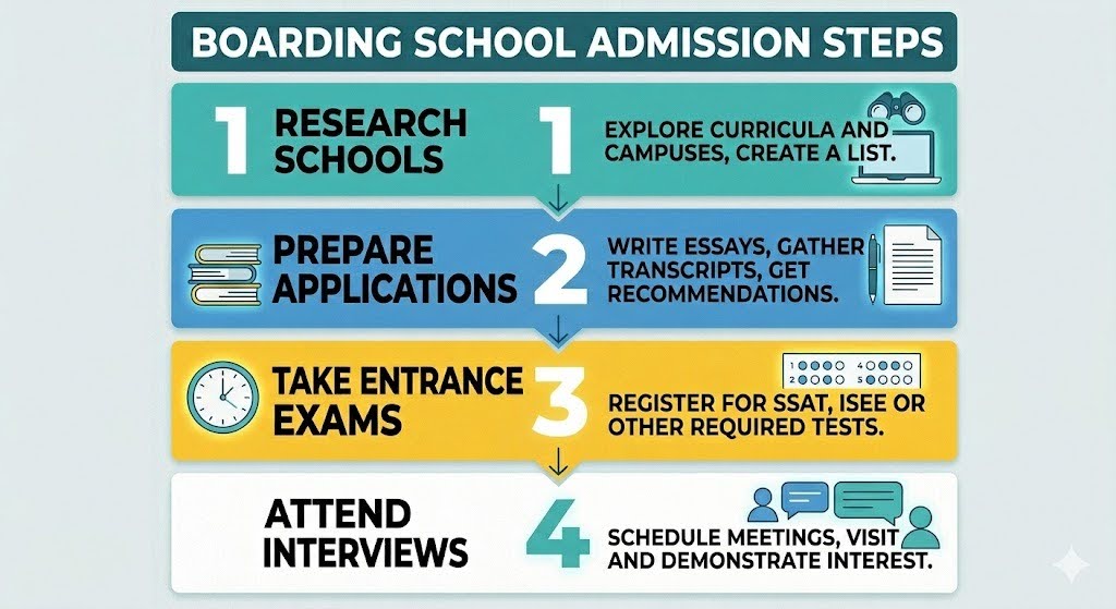An infographic showing the admission steps for boarding school