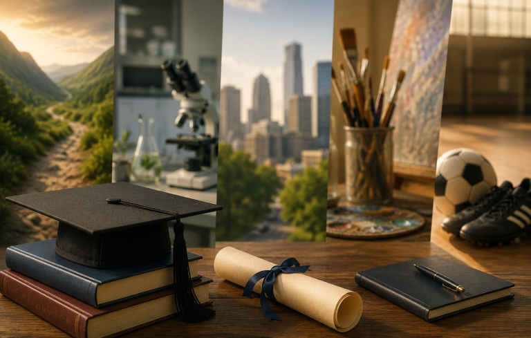Graduation cap, books, and diploma in foreground with blurred scenes of diverse career paths—city, lab, art studio, and sports gear—symbolizing alumni futures.