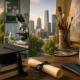 Graduation cap, books, and diploma in foreground with blurred scenes of diverse career paths—city, lab, art studio, and sports gear—symbolizing alumni futures.