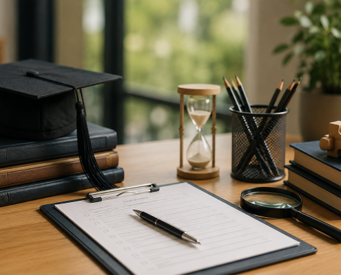 Graduation cap, books, checklist clipboard, and hourglass on a desk with soft natural light, symbolizing a selective admissions process.