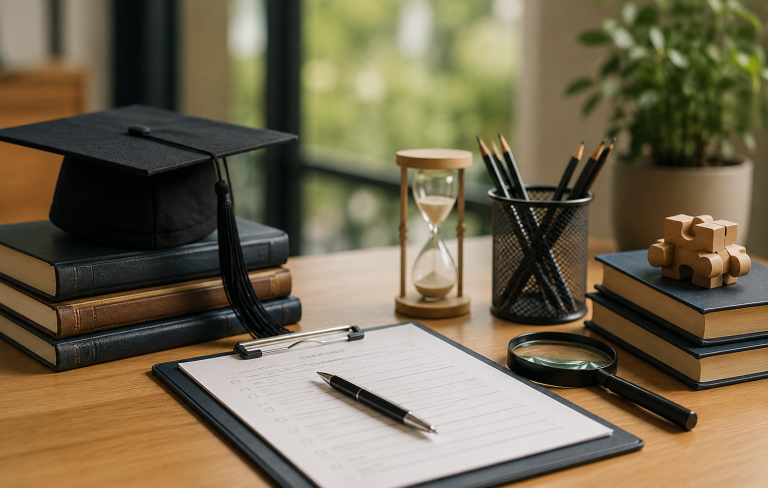 Graduation cap, books, checklist clipboard, and hourglass on a desk with soft natural light, symbolizing a selective admissions process.