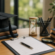 Graduation cap, books, checklist clipboard, and hourglass on a desk with soft natural light, symbolizing a selective admissions process.