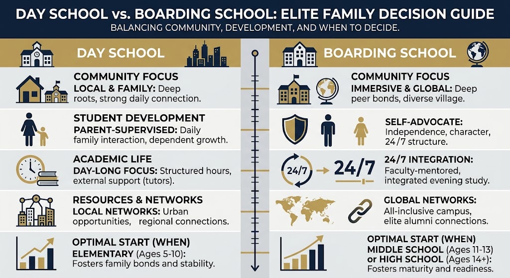 An infographic showing the differences between Day Schools and Boarding Schools as a guide for Elite Families