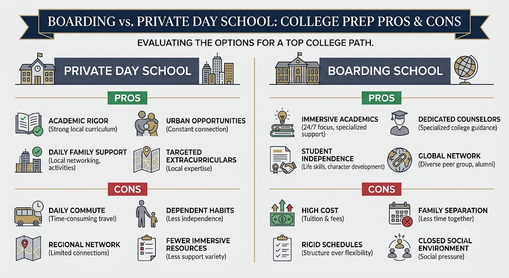 An infographic showing the College Prep pros and cons between boarding schools and private day schools