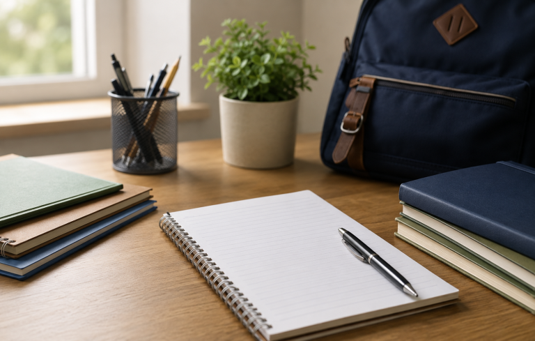 Neatly arranged study desk by a window with an open notebook, pen, stacked books, a small plant, and a backpack in soft natural light