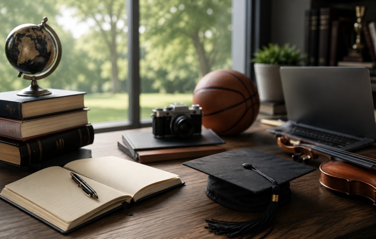 Desk with books, globe, camera, graduation cap, basketball, and violin by a sunlit window.