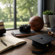 Desk with books, globe, camera, graduation cap, basketball, and violin by a sunlit window.