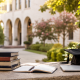 Books, notebook, and graduation cap on a stone ledge with a blurred academic campus courtyard and arched building in the background.
