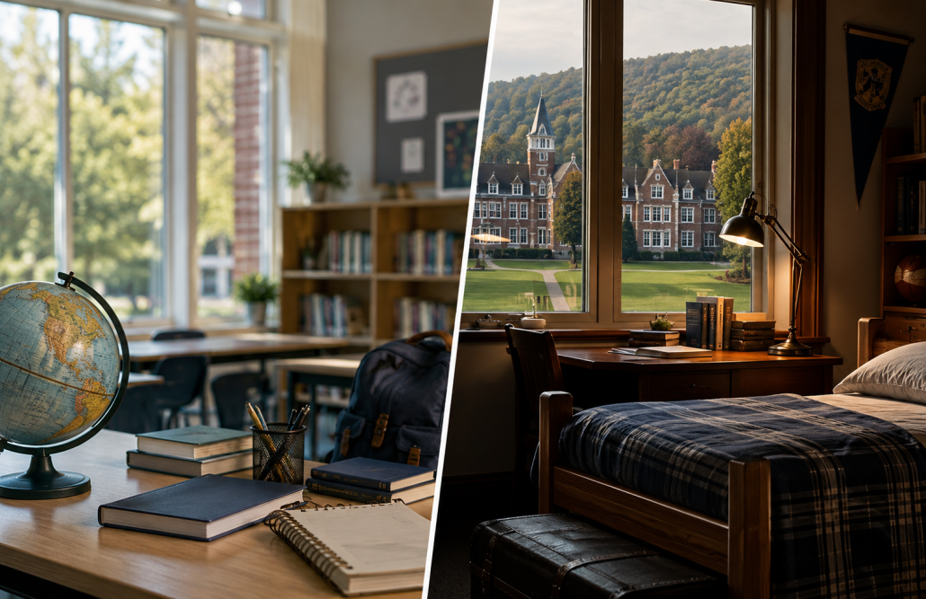 Split scene showing a bright classroom on one side and a cozy boarding dorm room on the other, highlighting day school vs. boarding school environments.
